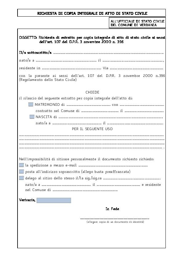 Immagine: Richiesta rilascio copia integrale di atto di stato civile